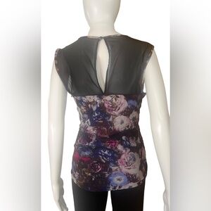 CACHE moody black sheer top with lined ruched purple & white floral Size Medium